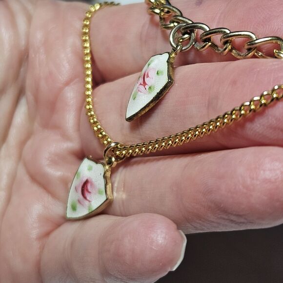 Vintage Emmons Gold Tone Guilloche Enamel Shield Charm Necklace & Bracelet Set - Picture 3 of 15